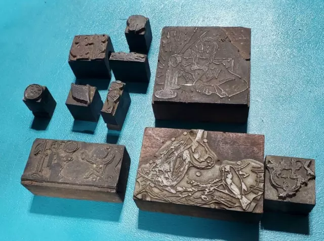 10 Vintage Printing Letterpress Printer Block Copper Wood Assorted lot Flag Man