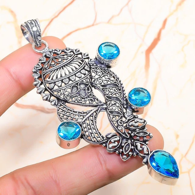 Swiss Blue Topaz Gemstone Handmade Gift Jewelry Pendant 3.35" L345