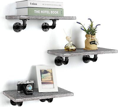 3PCS Rustic Wall Mounted Wood Floating Shelf with Industrial Metal Pipe Brackets