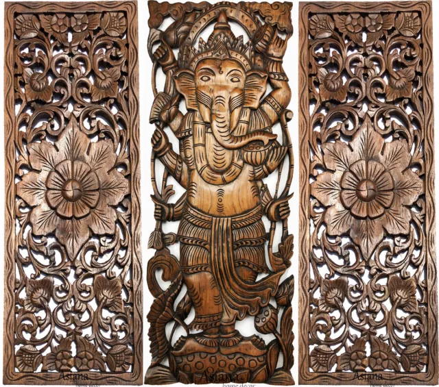 Floral Motif with Buddha Wall Art Panel. Large Carved Wood Decor Panels.Set of 3