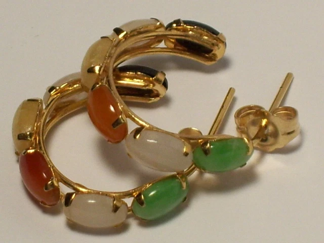 Estate 14K Gold Jade Hoop Earrings Pierced Estate 14K Gold Jade Hoop Earrings Pierced