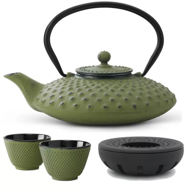 Asia Teekannen Set 0.8 L grün Stövchen 2 Becher Teeservice Gusseisen & Tee-Sieb