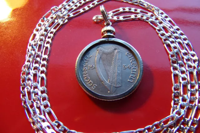 1934 IRELAND IRISH Lucky Sixpence Coin Pendant on a 28" 925 Silver Chain,