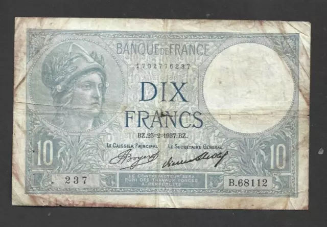 10 Francs  Vg  Banknote From  France  1937  Pick-73