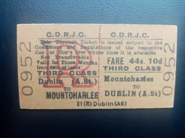 Vintage Ireland Train Ticket - County Donegal Railway - Mountcharles To Dublin