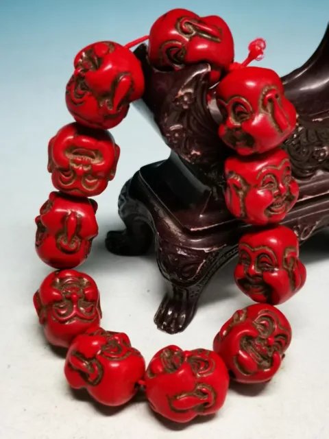 Good Chinese Old Collection Exquisite Red Coral Carved Buddha head Bracelet SD4