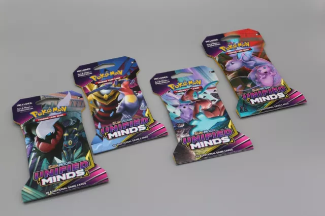 Pokemon Sole e Luna Unified Minds - 4 Sleeved Booster - tutte le opere d'arte IMBALLO ORIGINALE inglese