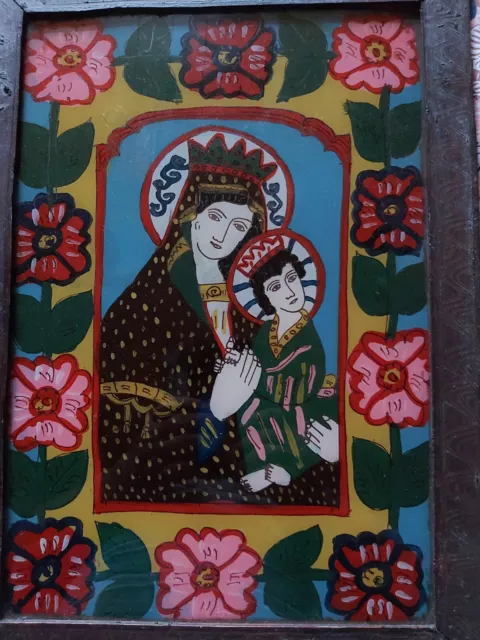 Sehr altes Heiligenbild, Maria mit Kind, Hinterglasmalerei, 19.Jhd.