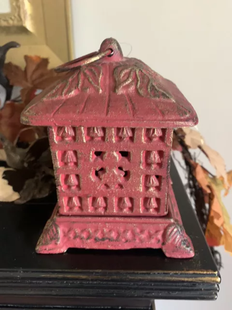 Vintage Cast Iron Red Japanese Pagoda Lantern for Candle