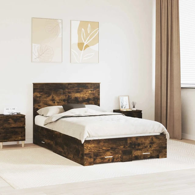 BED FRAME WITH Drawer Smoked Oak 120 x 190 cm Engineered Wood vidaXL £ ...