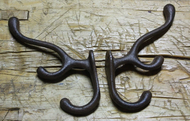 4 Cast Iron TRIPLE SCHOOL Style Coat Hooks Hat Hook Rack Hall Tree Restoration