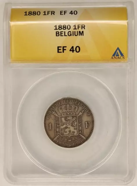 Belgium  1880 Franc EF40 ANACS Silver coin Rare Belgique Two Busts 1830-1880 1B