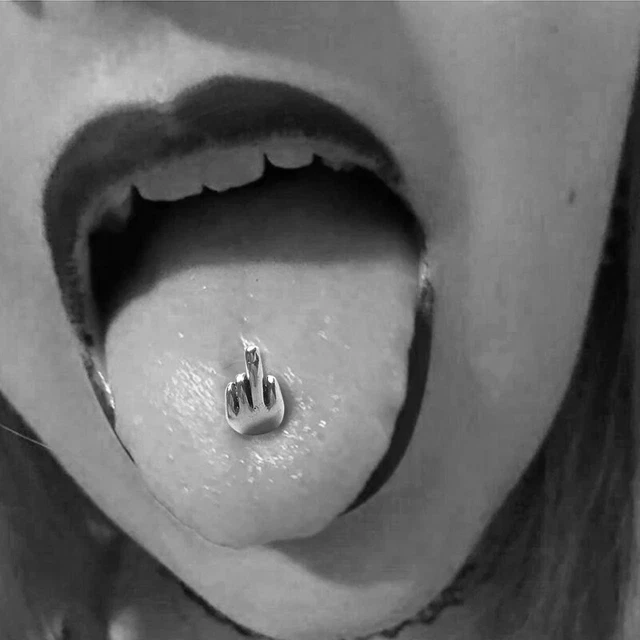 1PC Middle Finger Gesture Tongue Barbell Stud Piercing Rings Body Jewelry_tu
