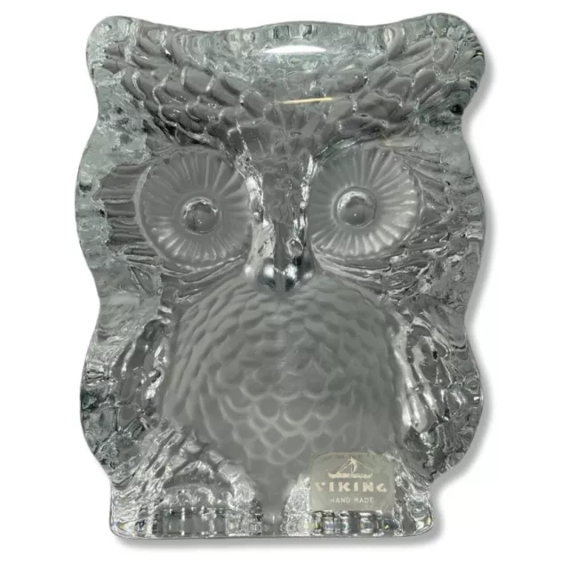 Vintage MCM Mid Century Modern Viking Glass Owl Paperweight Bookend With Label