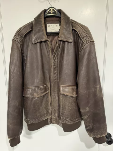 ORVIS Mens Brown Genuine Leather Bomber Jacket Size Large