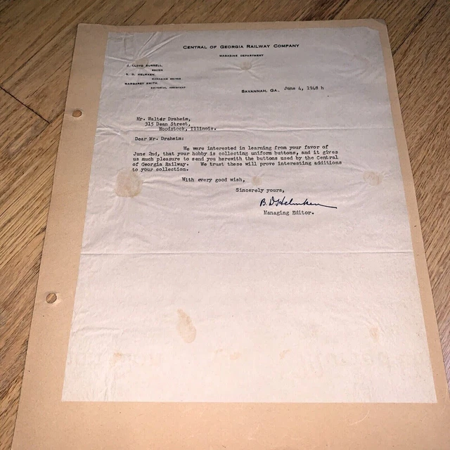 1948 CENTRAL OF GEORGIA RAILWAY CO., Chicago - Letter from Editor of Magazine