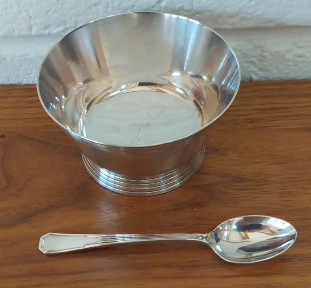 MAPPIN & WEBB/KEITH MURRAY SILVER PLATED ART DECO SUGAR BOWL & SPOON c.1930s