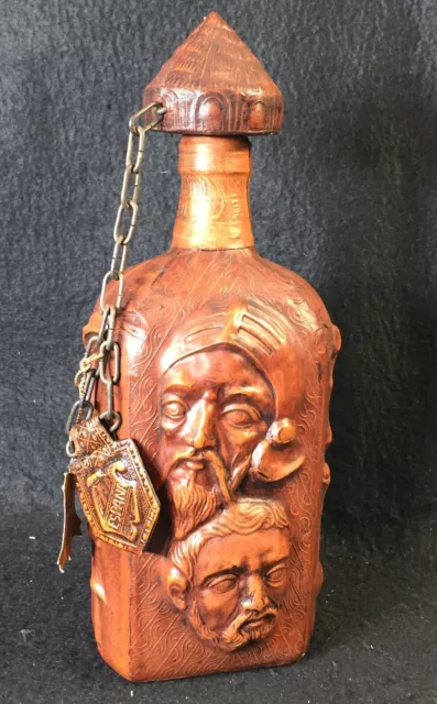 Vtg. Don Quixote  Hand Tooled Leather Wrapped Glass Bottle Decanter Spain