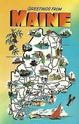 Postcard - Greetings From Maine Points Of Interest Pictorial Map Pine Tree State