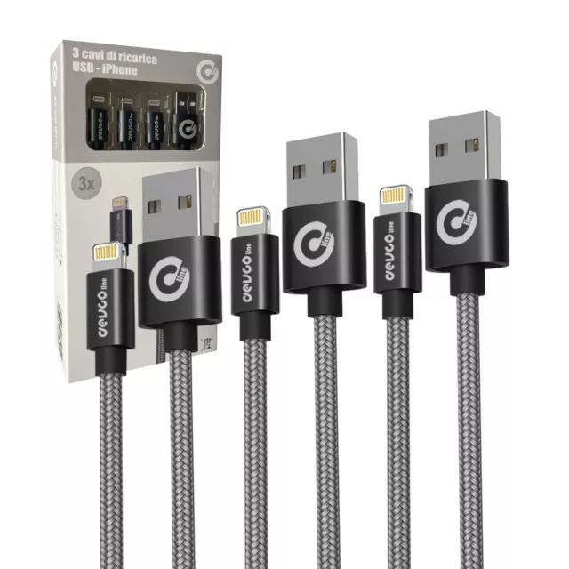 Kit set di 3 cavi USB  iPhone (1m , 2m , 3m) attacco USB-A - DEVCOline ATCR IPHK