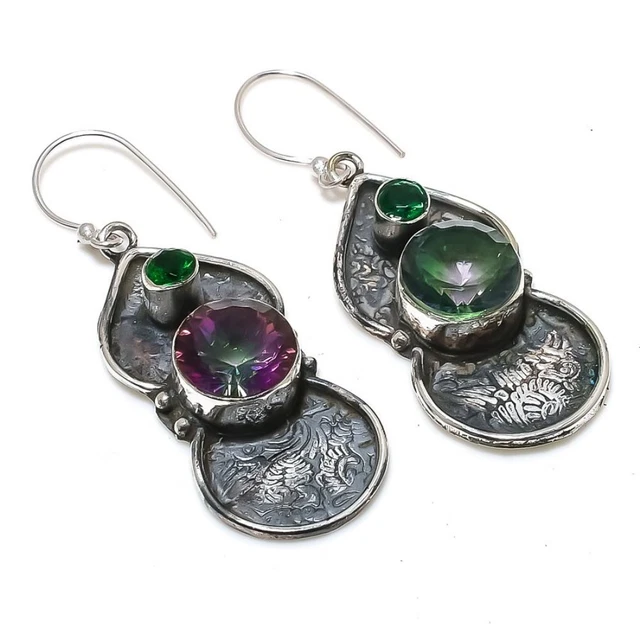 Mystic Rainbow Topaz, Diopside 925 Sterling Silver Jewelry Earring 2.29 " P086
