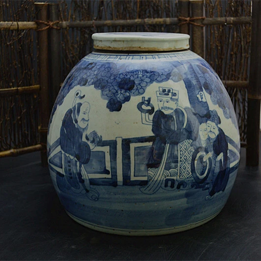 Chinese Porcelain  Republic Of China Blue And White Personage Tea Caddies 11.02”