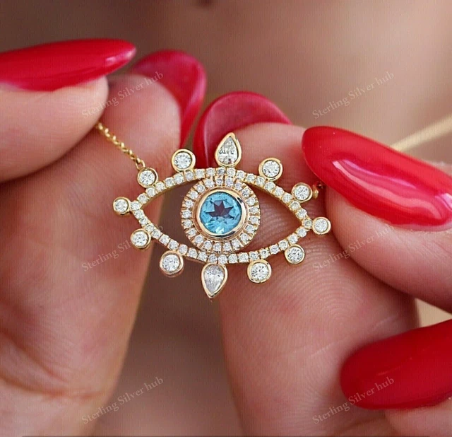 2Ct Round Cut Real Moissanite Evil Eye Pendant With Chain14k Yellow Gold Plated