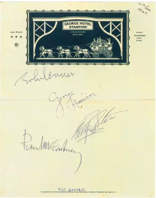 THE BEATLES Signed Hotel Note - 'George Hotel, Stamford' - preprint