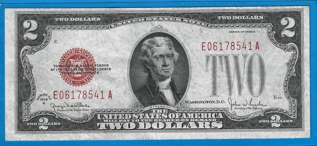 1928 G $2 USN Legal Tender Note,Red Seal,Circ Crisp VF,Nice!