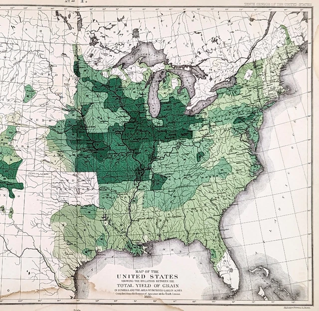 1880 United States Map Grain Production Farming Agriculture Illinois Kansas