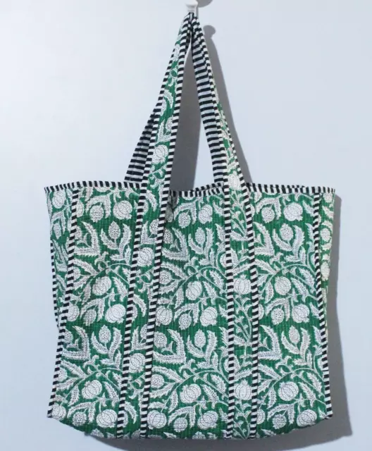 Green White Bags Quilted Bohemian Purse Handblock Reversible Beach Tote Handbag