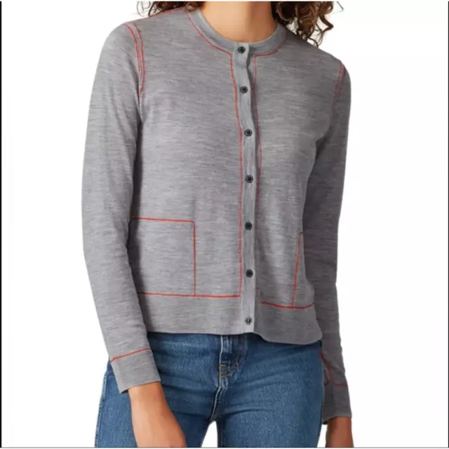 Jason Wu Womens Merino Wool Cardigan Red Stitching Detail Small Grey FLAW