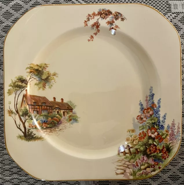 Vintage WOODS IVORY WARE Dinner Plate Country Cottages Art Deco England c1933-35