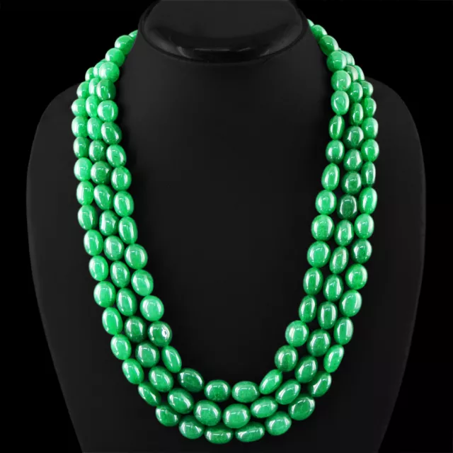845.00 Cts Earth Mined 3 Strand Rich Green Emerald Oval Beads Necklace (Dg)
