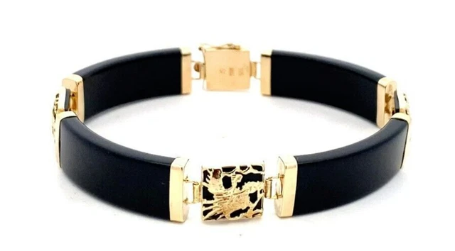Estate Oriental 14K Yellow Gold & Black Onyx Panel Dragon Motif 7” Bracelet! 146