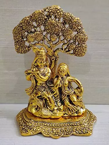 Metal Lord Radha Krishna Sitting Under Tree Statue Gold Plated Temple Showpiece