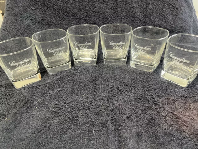 Set Of 6 Canadian Club Whiskey Rock Glass Etched Glass Square Base Free Shipping