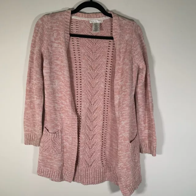 Max Studio Cardigan Youth Large Pink White Knit Open Front Long Sleeve