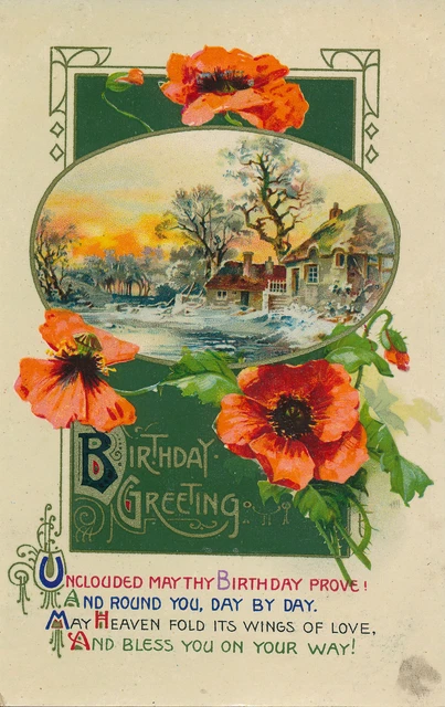 PC48093 Birthday Greeting. Houses and Trees in Winter. Wildt and Kray