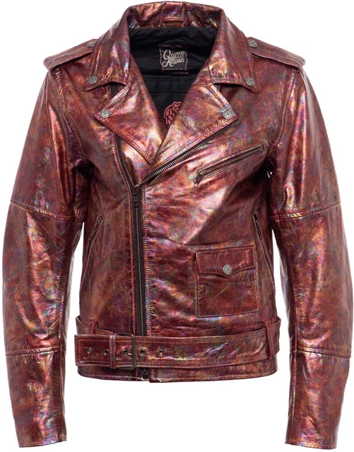 Giacca di pelle Queen cherosene con colletto da motociclista e cintura sull'orlo QK5201822108 rosso sangue