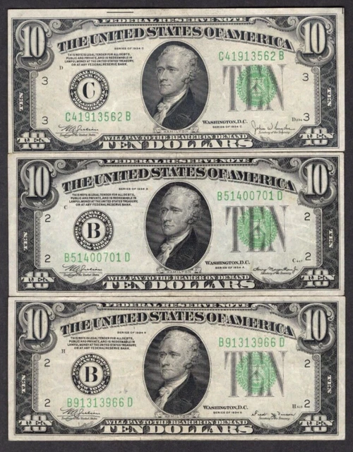 Lot of 3 1934 A-B-C $10 Ten Dollar Bills Green Seal S493