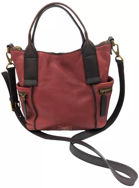 Fossil Emerson Leather Satchel Handbag Purse Cranberry Pebbled Boho Vintage Y2k