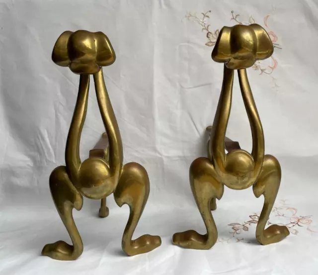 Vintage Antique Art Nouveau Pair Brass Fire Dogs Andirons