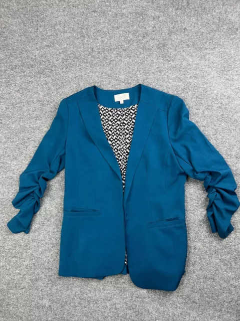 SKIES ARE BLUE Blazer Jacket Women's M Blue Ruched Sleeves Pockets Open Front