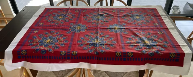 Vintage Table Cloth 1960'S Cotton Maroon Gold Blue Floral Print 127 x 172cm