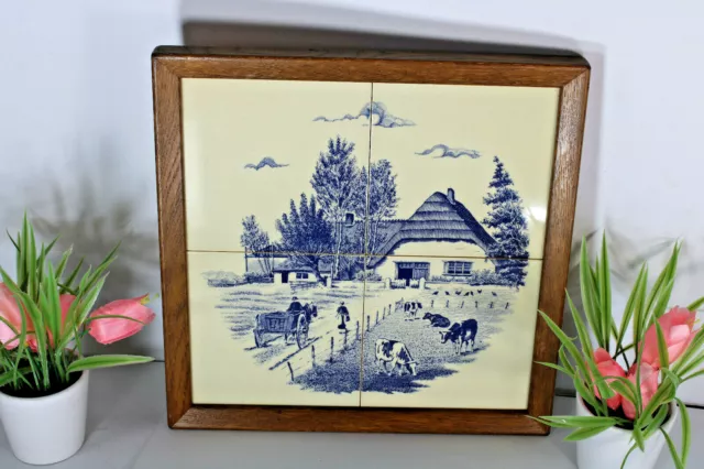 Vintage delft pottery blue white tiles dutch farm landscape scene cows panel