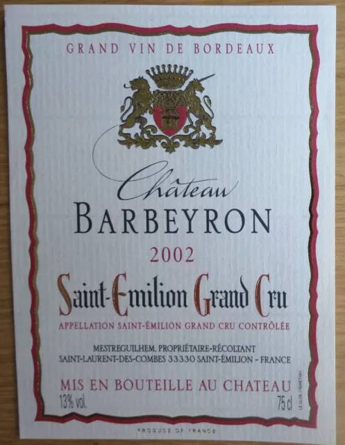etiquettes vins FRANCE CHATEAU BARBEYRON Saint Emilion Grand Cru  2002