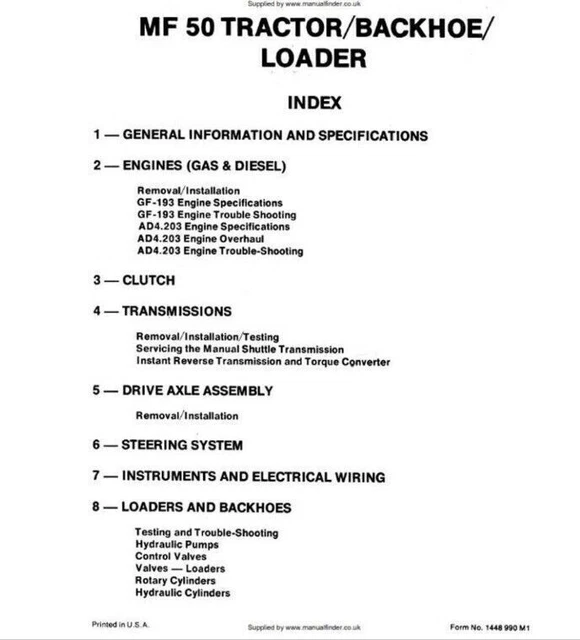 Massey Ferguson 50 Tractor Backhoe Loader Workshop Manual