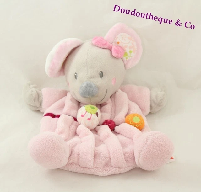 Doudou semi plat souris NICOTOY rose poussin rond fleurs imprimées 25 cm (F5852)