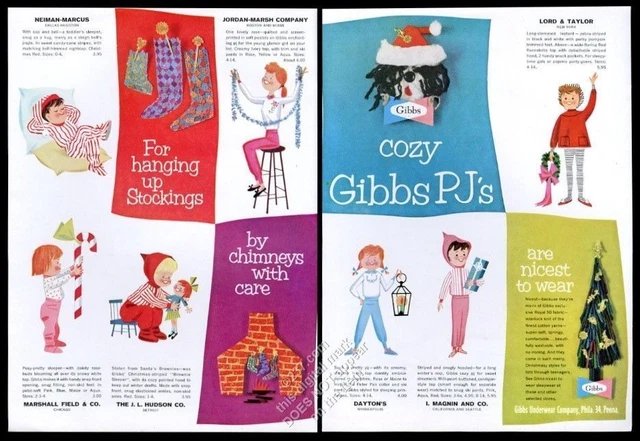1958 Gibbs pajamas girl boy sleepwear illustrated Christmas vintage print ad